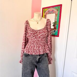 Liberty Love Rust And White Floral Long Puff Sleeve Peplum Blouse